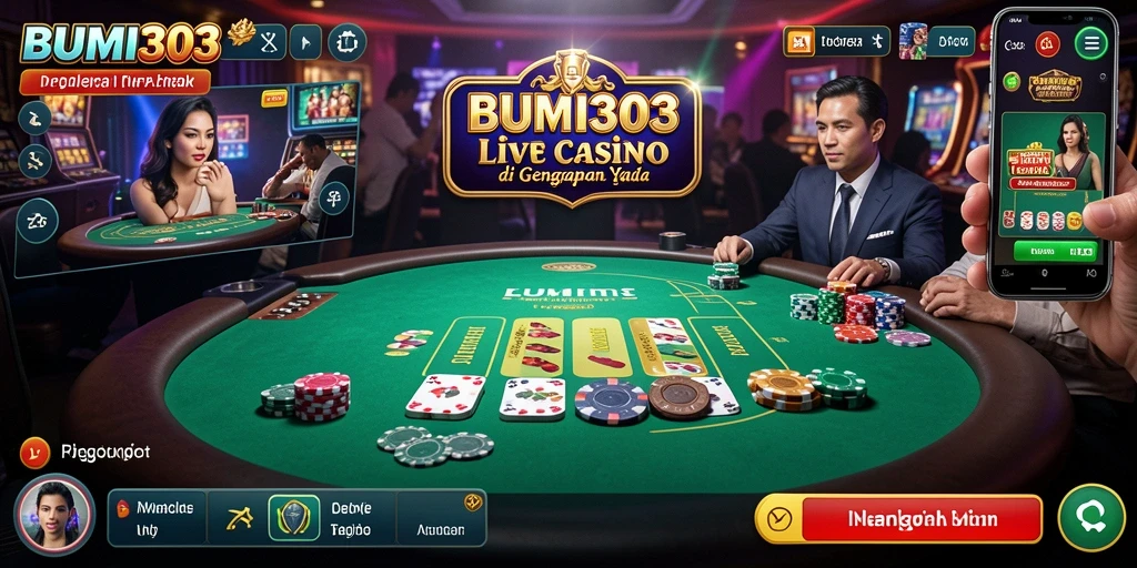 Gameplay BUMI303 yang menampilkan dealer langsung dan suasana casino yang nyata.