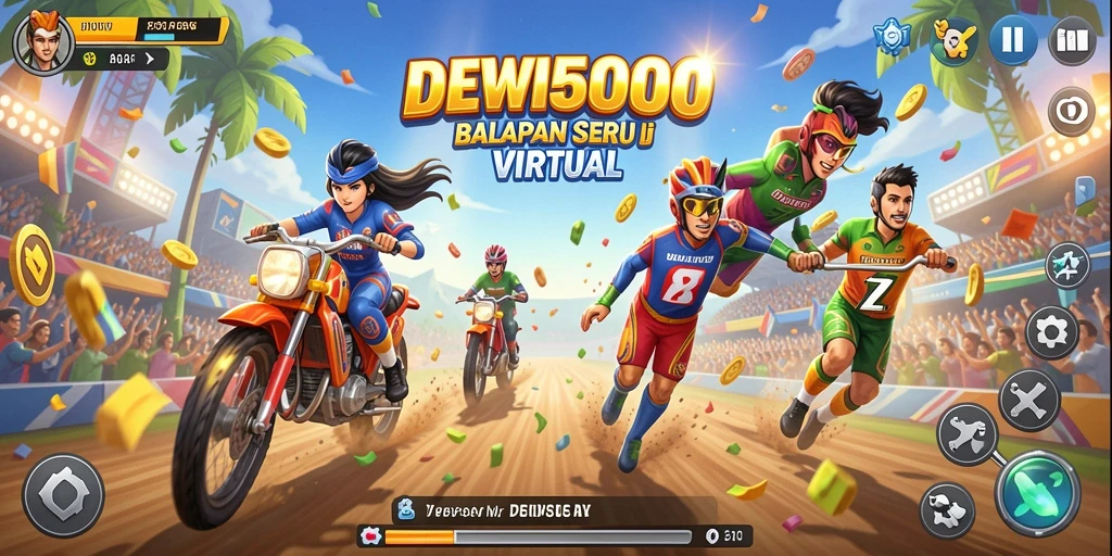 Screenshot gameplay DEWI5000 menunjukkan balapan mendebarkan di trek yang menantang.