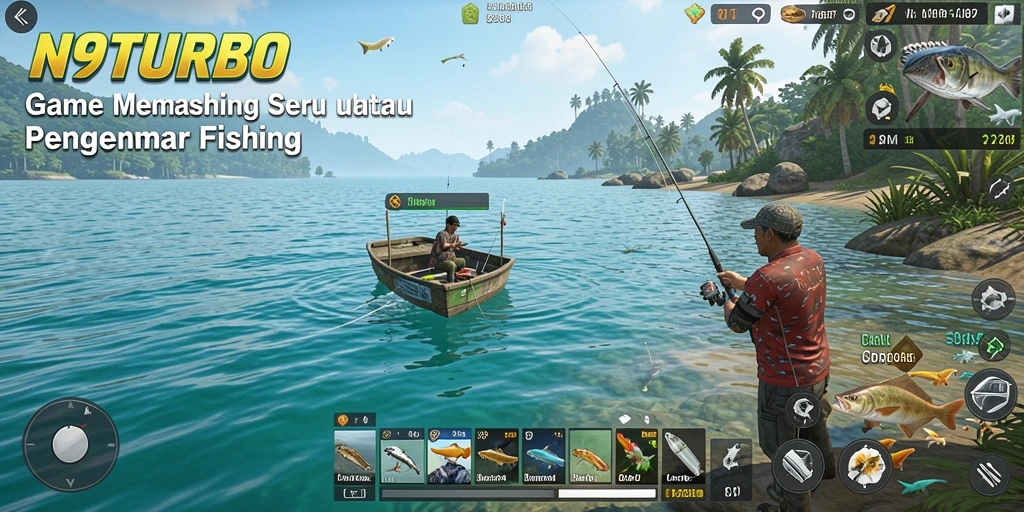 Tampilan gameplay N9TURBO yang menakjubkan saat memancing di laut.