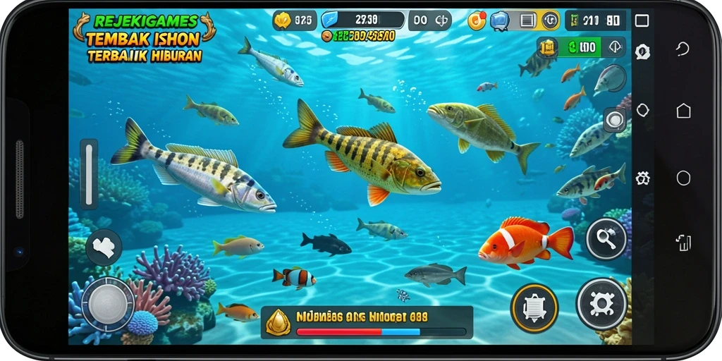 Screenshot menampilkan aksi menembak ikan yang seru.