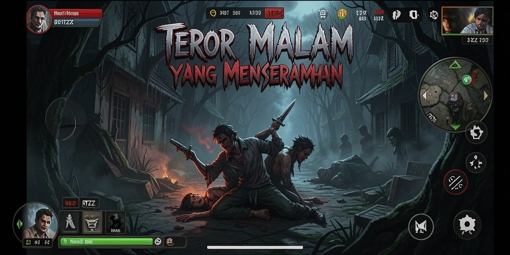 Tangkapan layar gameplay RTZZ menampilkan momen menegangkan di lingkungan yang angker.