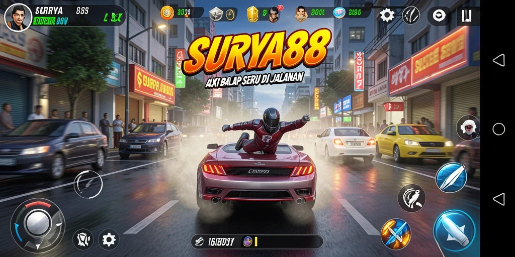 Gameplay SURYA88 menampilkan balapan seru di lintasan urban.