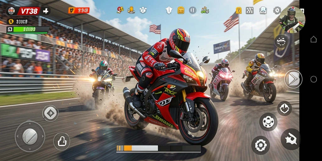 Tampilan utama gameplay VT38 dengan balapan motor yang menegangkan.